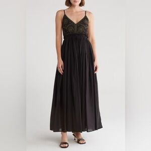 Raga Naira Maxi Dress Size Small Black Open Back Gold Embroidery Boho Festive